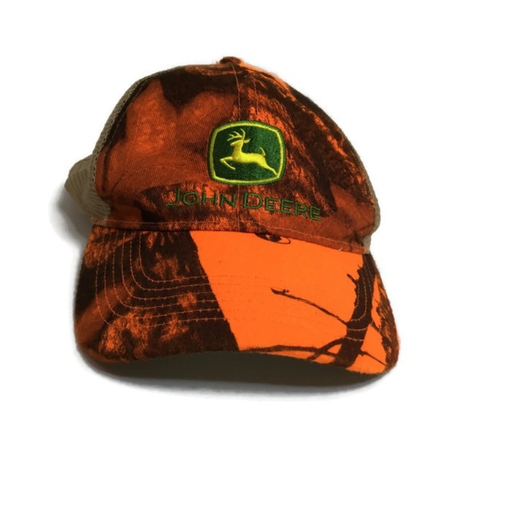 JOHN DEERE Baseball Cap Hat Neon Orange Camo Snap